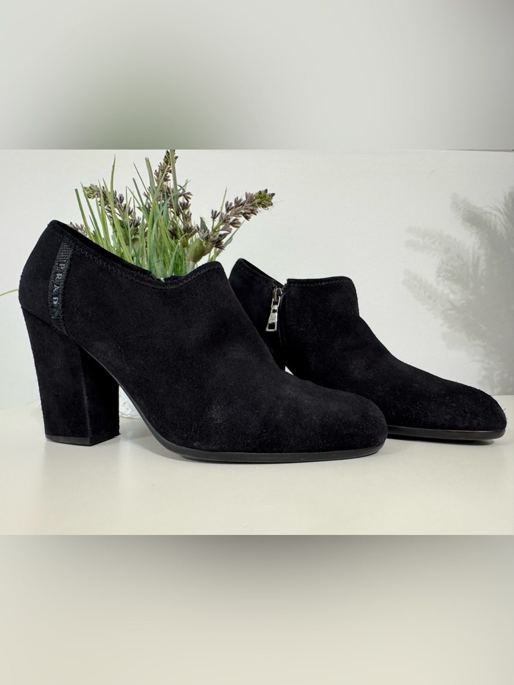 PRADA Black Suede Heeled Ankle Booties with Side Zip Size 38